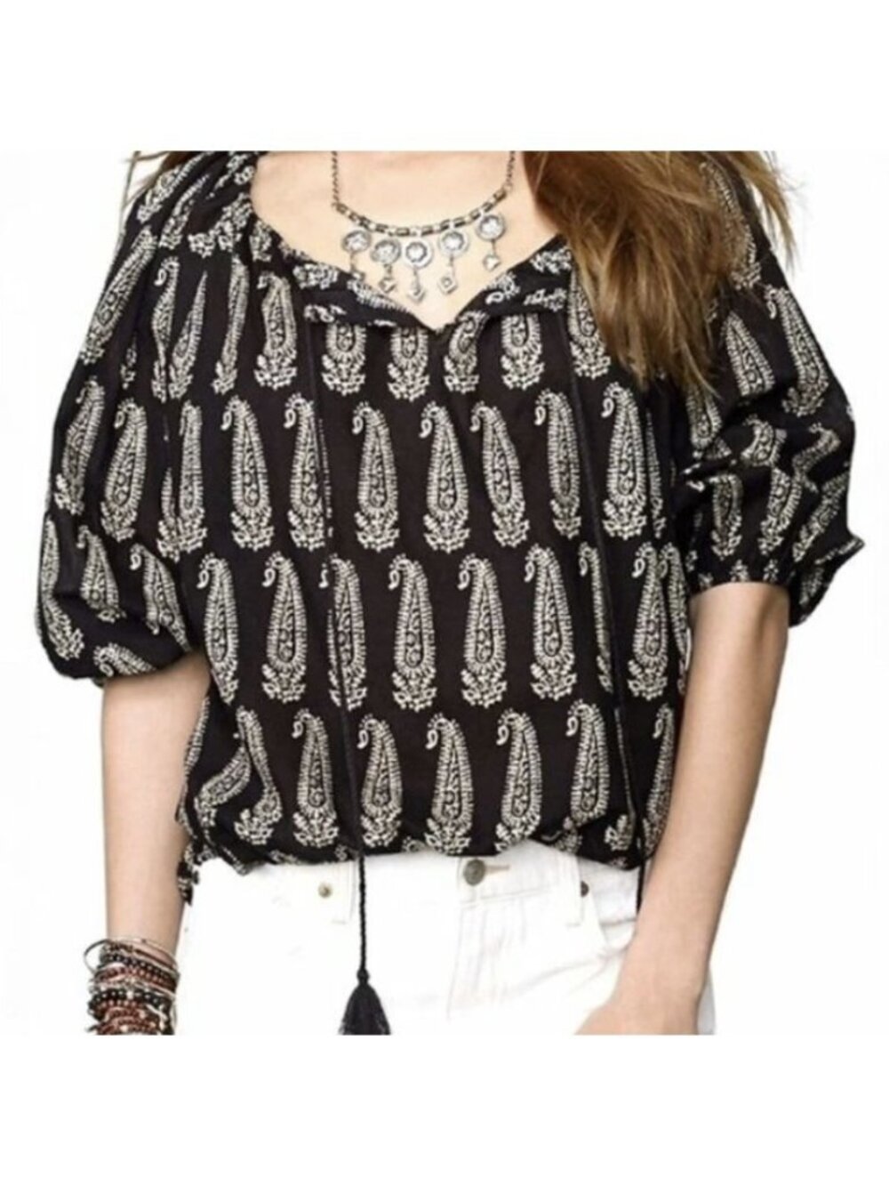 Denim & Supply Ralph Lauren Black Paisley Print Tassel Top Blouse Medium Boho